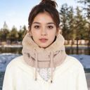 Beige Women's Faux Fur Lined Knit Hooded Scarf with Adjustable Drawstring and Full Coverage for Winter Warmth