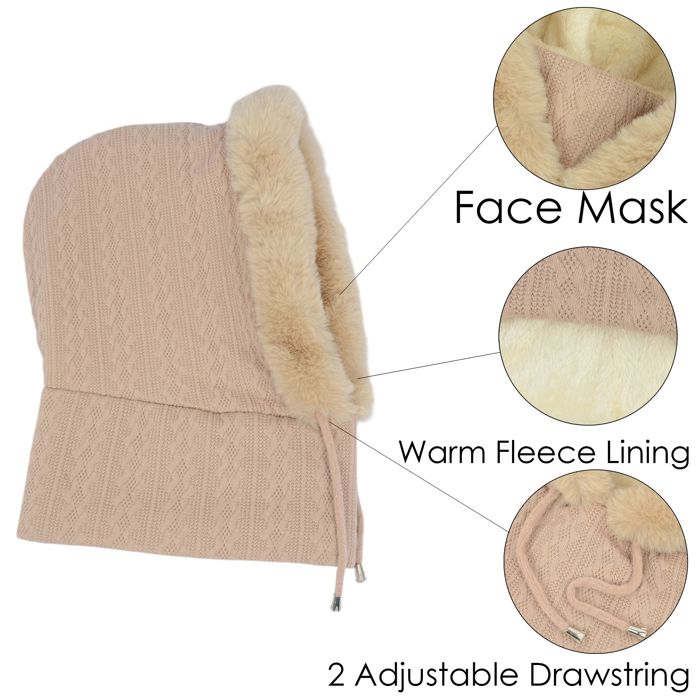 Women's Faux Fur Lined Knit Hooded Scarf with Adjustable Drawstring and Full Coverage for Winter Warmth