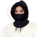 Black Women's Faux Fur Lined Knit Hooded Scarf with Adjustable Drawstring and Full Coverage for Winter Warmth