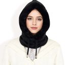 Black Women's Faux Fur Lined Knit Hooded Scarf with Adjustable Drawstring and Full Coverage for Winter Warmth