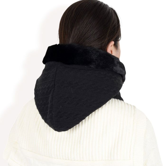 Women's Faux Fur Lined Knit Hooded Scarf with Adjustable Drawstring and Full Coverage for Winter Warmth