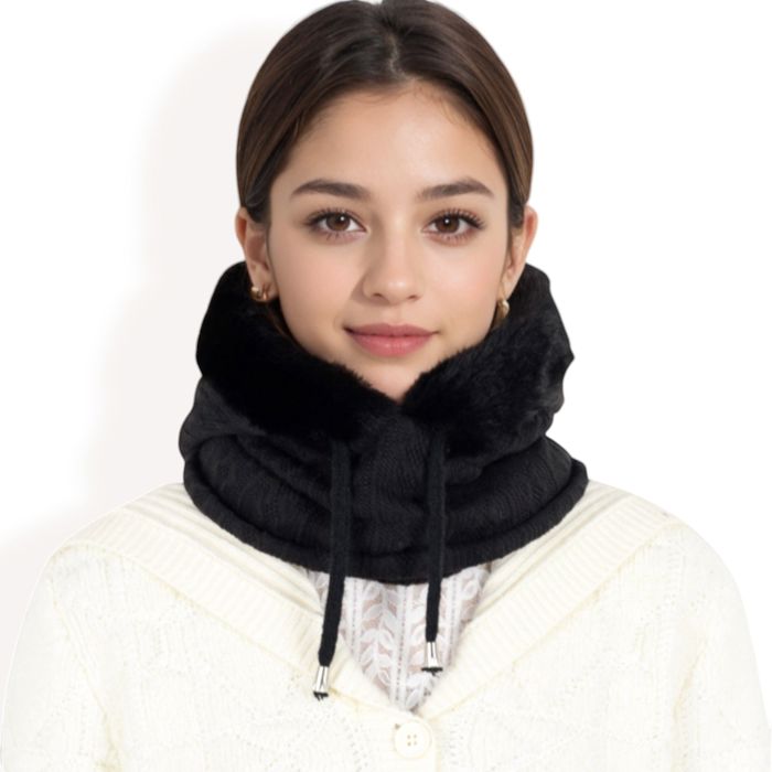 Women's Faux Fur Lined Knit Hooded Scarf with Adjustable Drawstring and Full Coverage for Winter Warmth