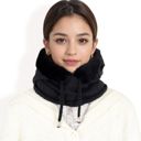 Black Women's Faux Fur Lined Knit Hooded Scarf with Adjustable Drawstring and Full Coverage for Winter Warmth