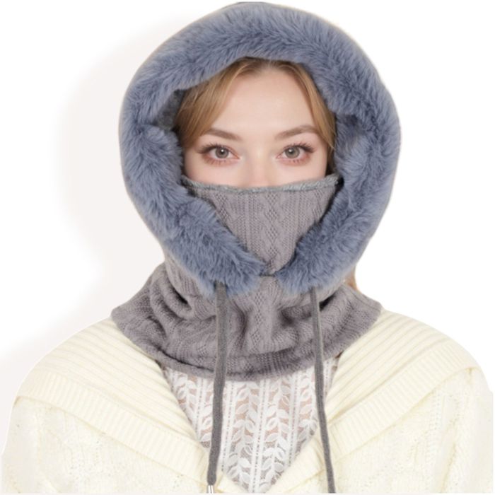 Women's Faux Fur Lined Knit Hooded Scarf with Adjustable Drawstring and Full Coverage for Winter Warmth