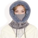 Gray Women's Faux Fur Lined Knit Hooded Scarf with Adjustable Drawstring and Full Coverage for Winter Warmth