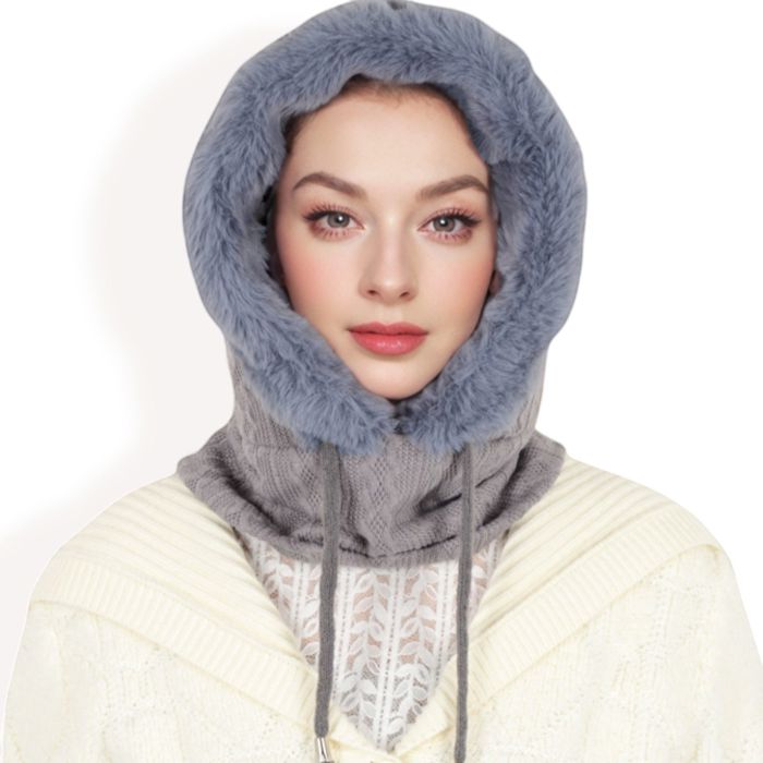 Women's Faux Fur Lined Knit Hooded Scarf with Adjustable Drawstring and Full Coverage for Winter Warmth