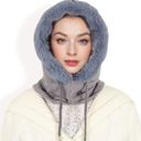 Gray Women's Faux Fur Lined Knit Hooded Scarf with Adjustable Drawstring and Full Coverage for Winter Warmth