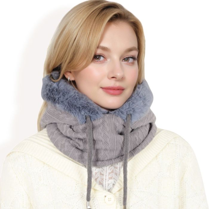 Women's Faux Fur Lined Knit Hooded Scarf with Adjustable Drawstring and Full Coverage for Winter Warmth