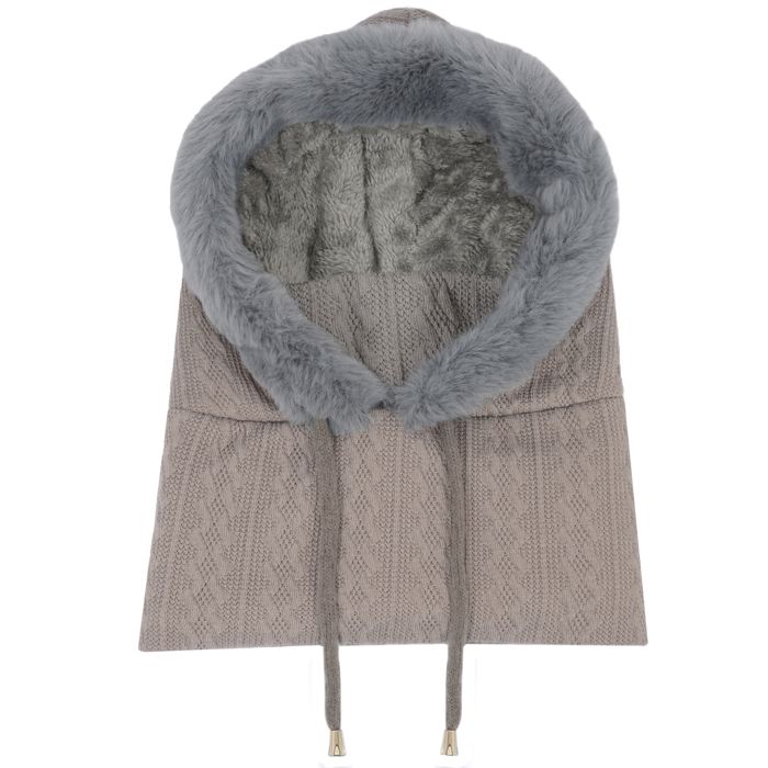 Women's Faux Fur Lined Knit Hooded Scarf with Adjustable Drawstring and Full Coverage for Winter Warmth