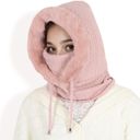 Pink Women's Faux Fur Lined Knit Hooded Scarf with Adjustable Drawstring and Full Coverage for Winter Warmth