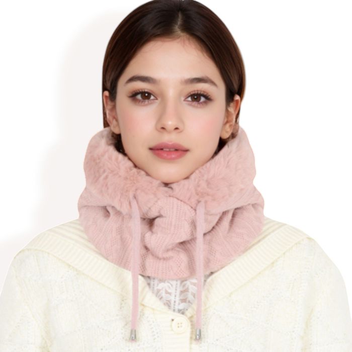 Women's Faux Fur Lined Knit Hooded Scarf with Adjustable Drawstring and Full Coverage for Winter Warmth