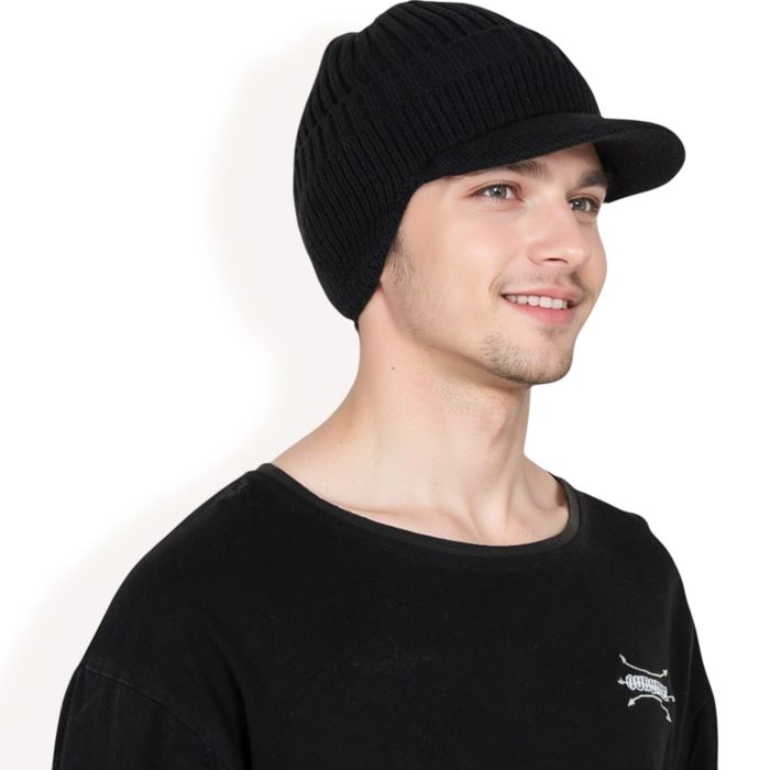 Men's Ribbed Knit Baseball Cap with Ear Flap Coverage for Winter Warmth and Style