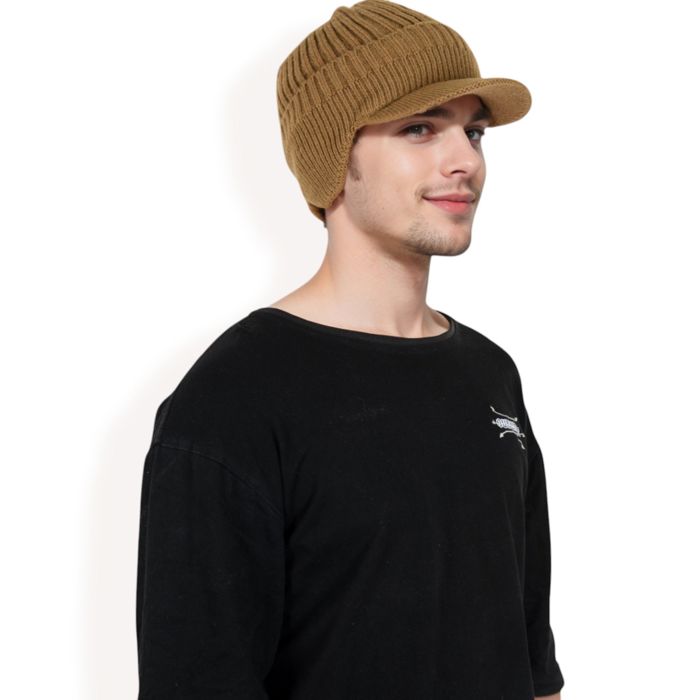 Men's Ribbed Knit Baseball Cap with Ear Flap Coverage for Winter Warmth and Style