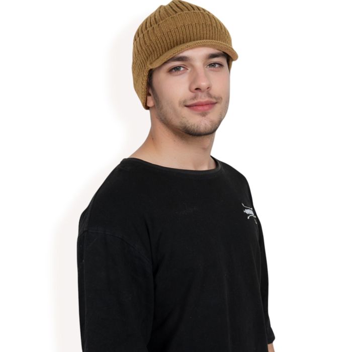 Men's Ribbed Knit Baseball Cap with Ear Flap Coverage for Winter Warmth and Style