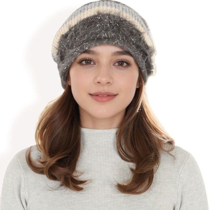 Women's Striped Knit Beanie Hat with Soft Fuzzy Trim and Slouchy Fit