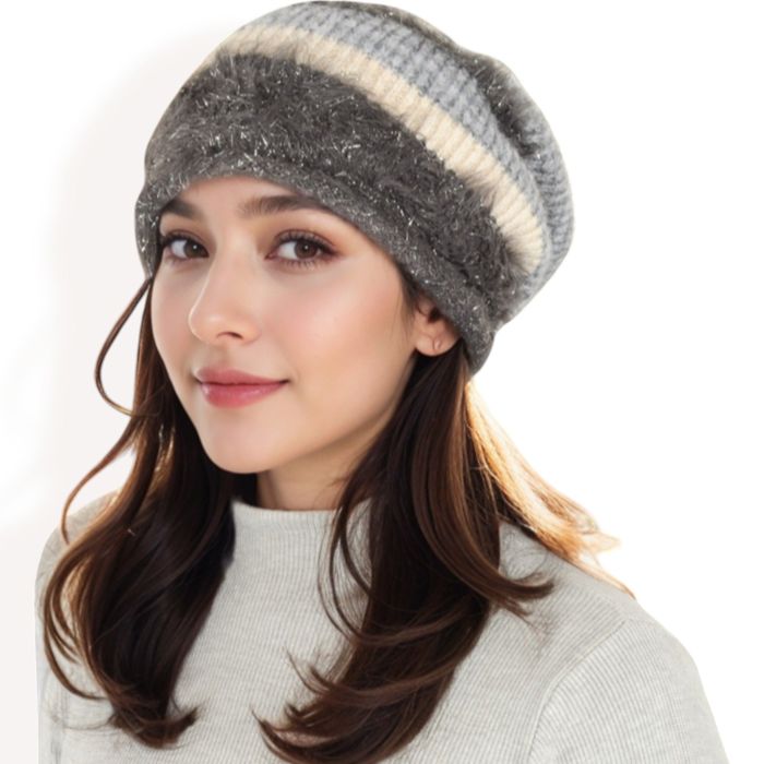 Women's Striped Knit Beanie Hat with Soft Fuzzy Trim and Slouchy Fit