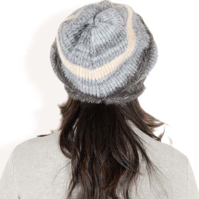 Women's Striped Knit Beanie Hat with Soft Fuzzy Trim and Slouchy Fit