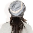 Black Women's Striped Knit Beanie Hat with Soft Fuzzy Trim and Slouchy Fit