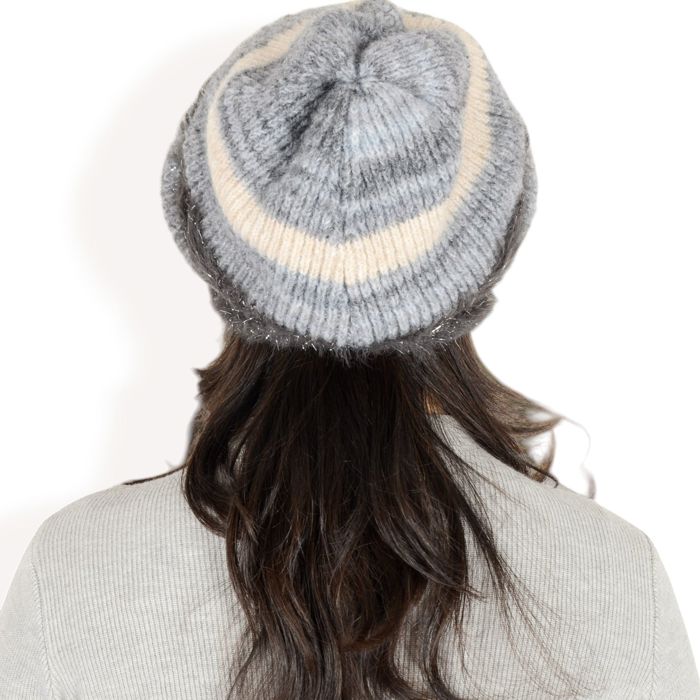 Women's Striped Knit Beanie Hat with Soft Fuzzy Trim and Slouchy Fit