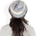 Black Women's Striped Knit Beanie Hat with Soft Fuzzy Trim and Slouchy Fit