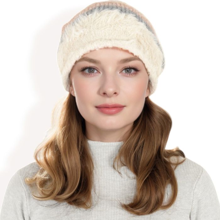 Women's Striped Knit Beanie Hat with Soft Fuzzy Trim and Slouchy Fit