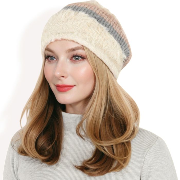 Women's Striped Knit Beanie Hat with Soft Fuzzy Trim and Slouchy Fit