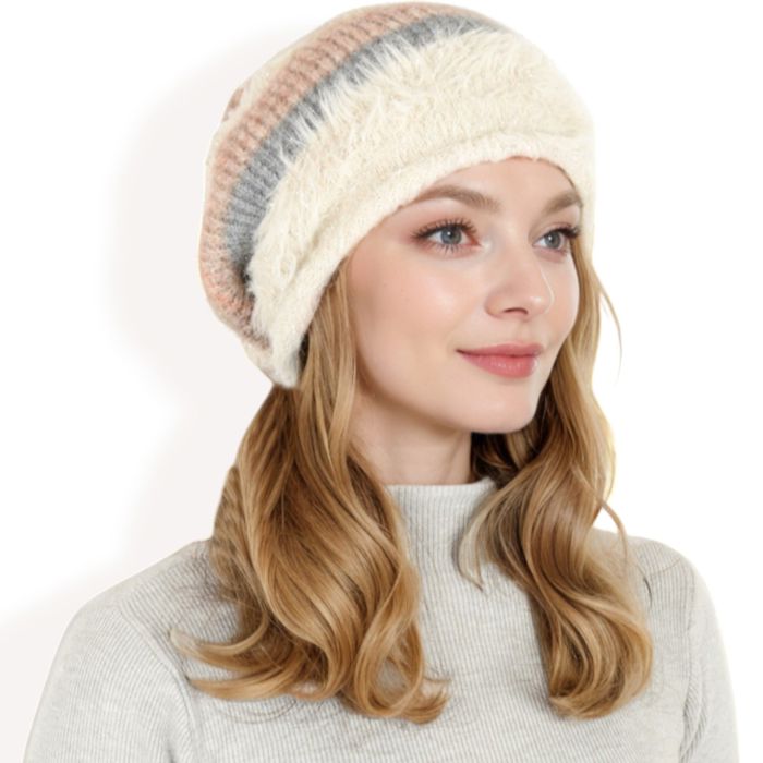 Women's Striped Knit Beanie Hat with Soft Fuzzy Trim and Slouchy Fit