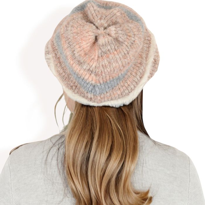 Women's Striped Knit Beanie Hat with Soft Fuzzy Trim and Slouchy Fit