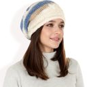 Blue Women's Striped Knit Beanie Hat with Soft Fuzzy Trim and Slouchy Fit