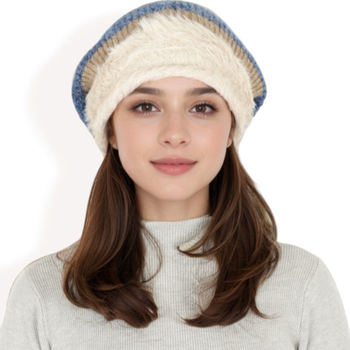 Women's Striped Knit Beanie Hat with Soft Fuzzy Trim and Slouchy Fit