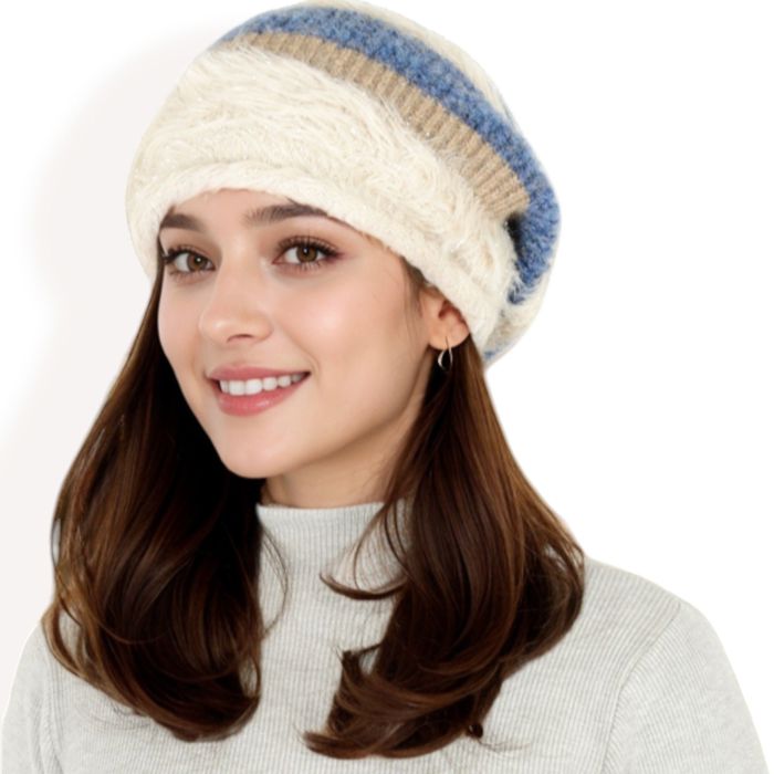 Women's Striped Knit Beanie Hat with Soft Fuzzy Trim and Slouchy Fit