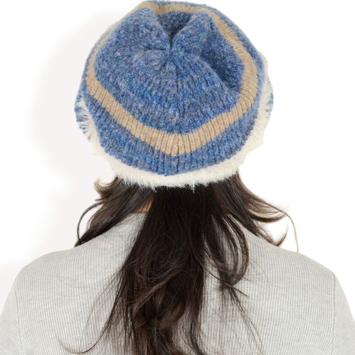 Women's Striped Knit Beanie Hat with Soft Fuzzy Trim and Slouchy Fit