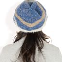 Blue Women's Striped Knit Beanie Hat with Soft Fuzzy Trim and Slouchy Fit