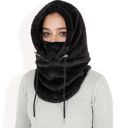 Black Women's Faux Shearling Hooded Scarf with Adjustable Drawstrings and Extended Neck Coverage