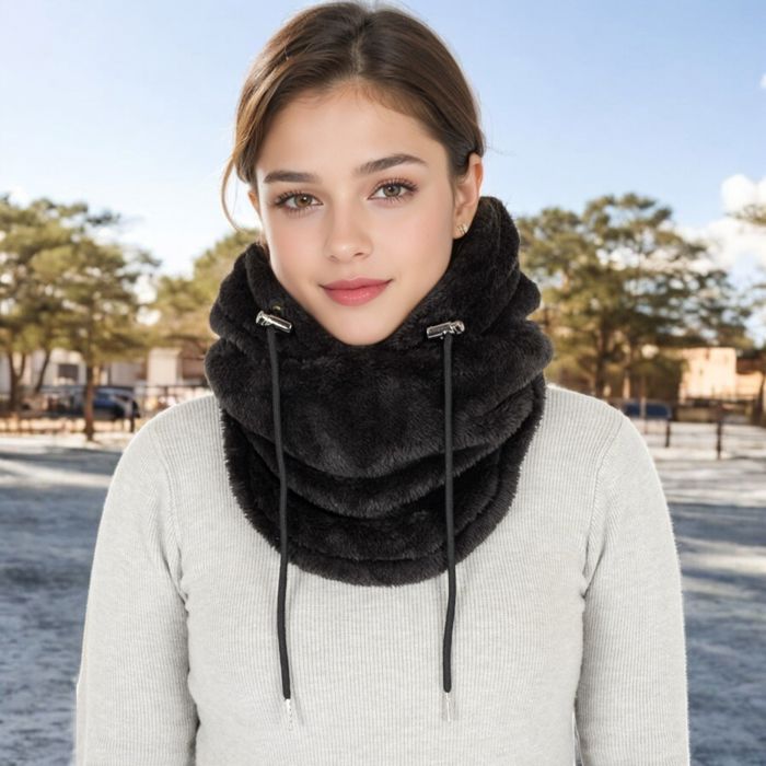 Women's Faux Shearling Hooded Scarf with Adjustable Drawstrings and Extended Neck Coverage