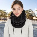 Black Women's Faux Shearling Hooded Scarf with Adjustable Drawstrings and Extended Neck Coverage