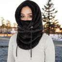 Black Women's Faux Shearling Hooded Scarf with Adjustable Drawstrings and Extended Neck Coverage