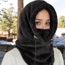 Black Women's Faux Shearling Hooded Scarf with Adjustable Drawstrings and Extended Neck Coverage