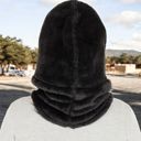 Black Women's Faux Shearling Hooded Scarf with Adjustable Drawstrings and Extended Neck Coverage