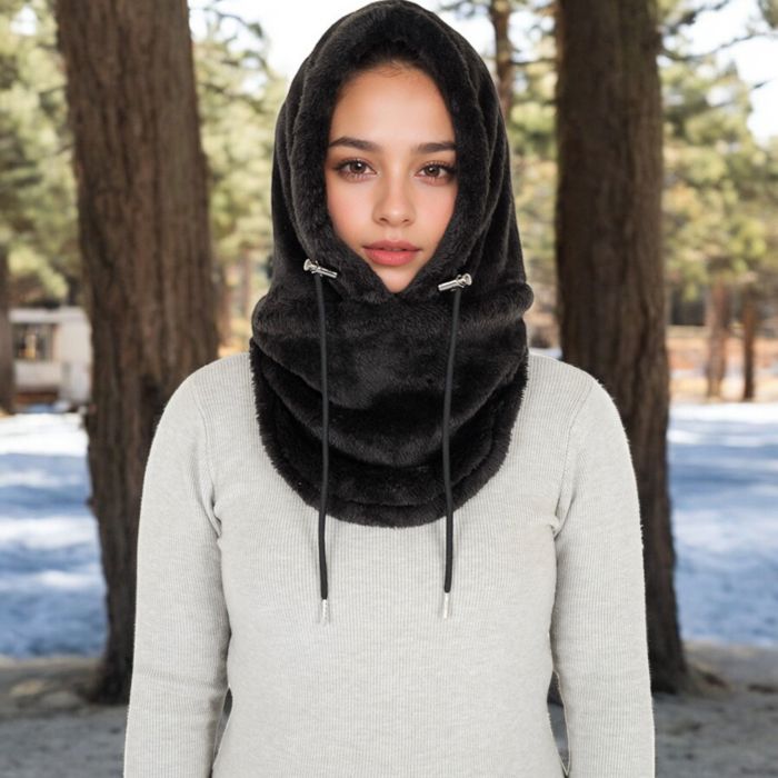 Women's Faux Shearling Hooded Scarf with Adjustable Drawstrings and Extended Neck Coverage