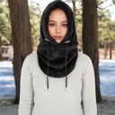 Black Women's Faux Shearling Hooded Scarf with Adjustable Drawstrings and Extended Neck Coverage