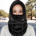 Black Women's Faux Shearling Hooded Scarf with Adjustable Drawstrings and Extended Neck Coverage