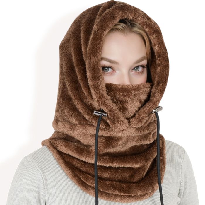 Women's Faux Shearling Hooded Scarf with Adjustable Drawstrings and Extended Neck Coverage