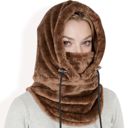 Brown Women's Faux Shearling Hooded Scarf with Adjustable Drawstrings and Extended Neck Coverage