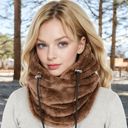 Brown Women's Faux Shearling Hooded Scarf with Adjustable Drawstrings and Extended Neck Coverage