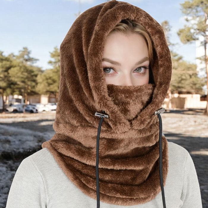 Women's Faux Shearling Hooded Scarf with Adjustable Drawstrings and Extended Neck Coverage