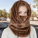 Brown Women's Faux Shearling Hooded Scarf with Adjustable Drawstrings and Extended Neck Coverage