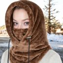 Brown Women's Faux Shearling Hooded Scarf with Adjustable Drawstrings and Extended Neck Coverage