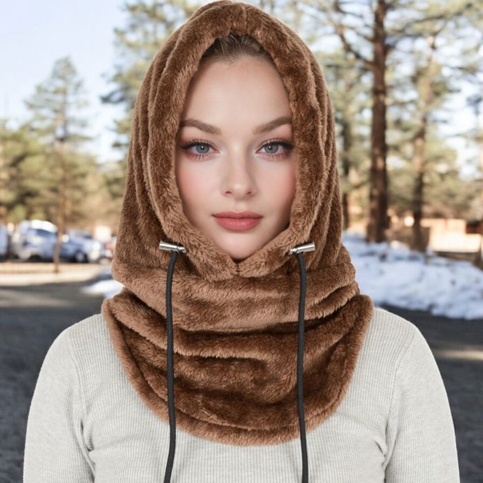 Women's Faux Shearling Hooded Scarf with Adjustable Drawstrings and Extended Neck Coverage