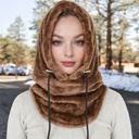 Brown Women's Faux Shearling Hooded Scarf with Adjustable Drawstrings and Extended Neck Coverage